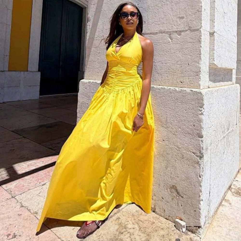 Solid Deep V Halter Bodycon Pleated Sleeveless Maxi Dress African Style